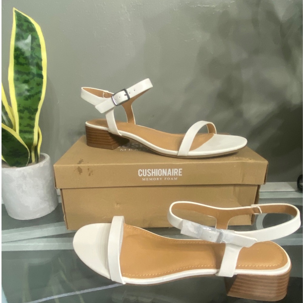 Cushionaire Fontana White Memory Foam Ankle Strap Block Heel Sandals Womens 8.5M